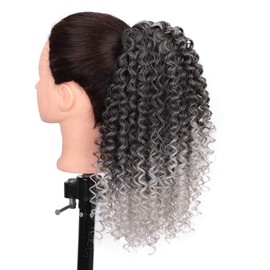 Afro Kinky Curly Ponytail for Women Drawstring Ponytail Synthetic Hair Extension Afro Drawstring Curly Pony tail with Clip in Hairpiece (T1B/Grey, 16 inch (Pack of 1))