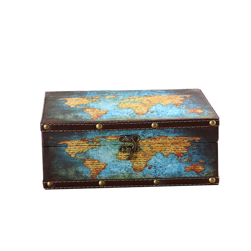 LIKEUDO Wooden Decorative Jewelry Storage Box with Map Pattern Treasure