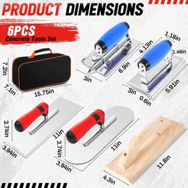 MorningRo 6pcs Concrete Hand Tools Set Masonry Tools Includes Stainless Steel Concrete Hand Edger, Groover, Wood Float, Finishing Trowel, Pool Trowel and Tool Bag for Cement Beginner Kit