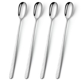YFWOOD 9.1-Inch Long Handle Iced Tea Spoon, Ice Cream Spoon, Long Coffee Spoons, Stainless Steel Cocktail Stirring Spoons - Set of 4 (Silver)