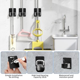 UAREP Mop Broom Holder Wall Mount, Stainless Steel, Rust Resistant, Heavy Duty, No Drill,Self-adhesive Broom Holder Wall Mount 4Pcs for Bathroom, Kitchen, Garage, Black