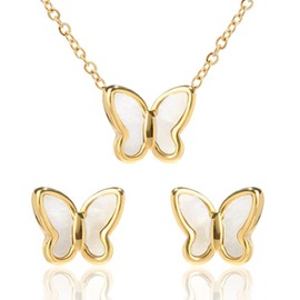 Mother of Pearl Butterfly Pendant Necklace with Butterfly Studs in 18kt Yellow Gold Plated Surgical Stainless Steel | Butterfly Necklace and Earring Set (White-Yellow)