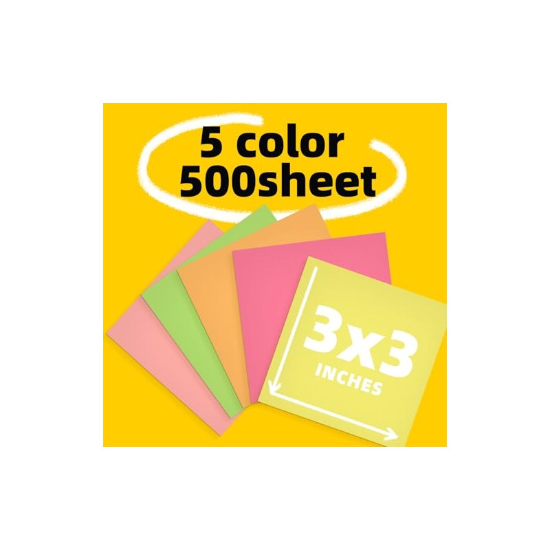 HIEALO Self-Stick Notes 3x3 Inch, Bright Colors, 5 Pads, 500