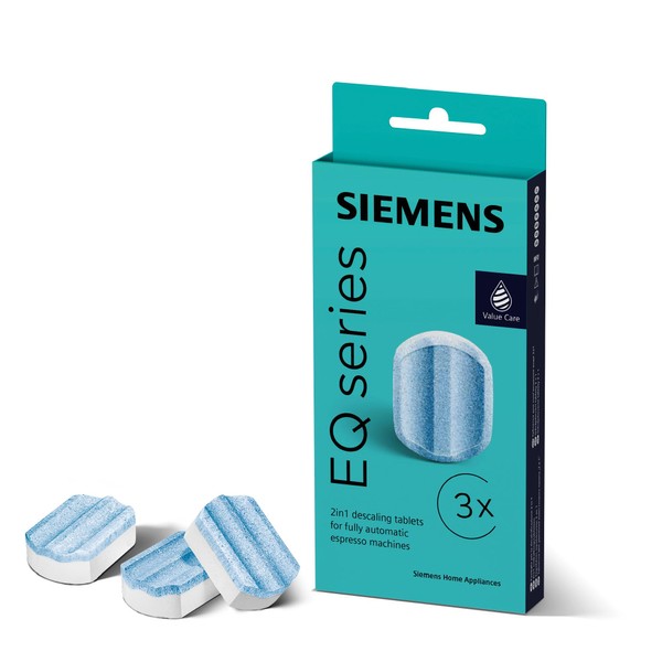 Siemens Descaling Tablets TZ80002A, Removes Limescale and Protects Against Corrosion, Original Accessories, Suitable for EQ Series Coffee Machines, Built-in Machines, White, (Pack of 3) 1 Pack