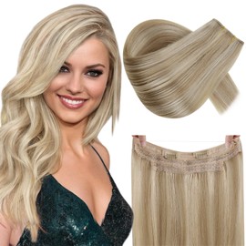 RUNATURE Wire Human Hair Extensions, Blonde Hair Extensions with Transparent Fish Line Human Hair, Straight Natural Hair for Women, Double Weft Thick Hair, 20 Inch 100g #16/22Ash Blonde Highlights