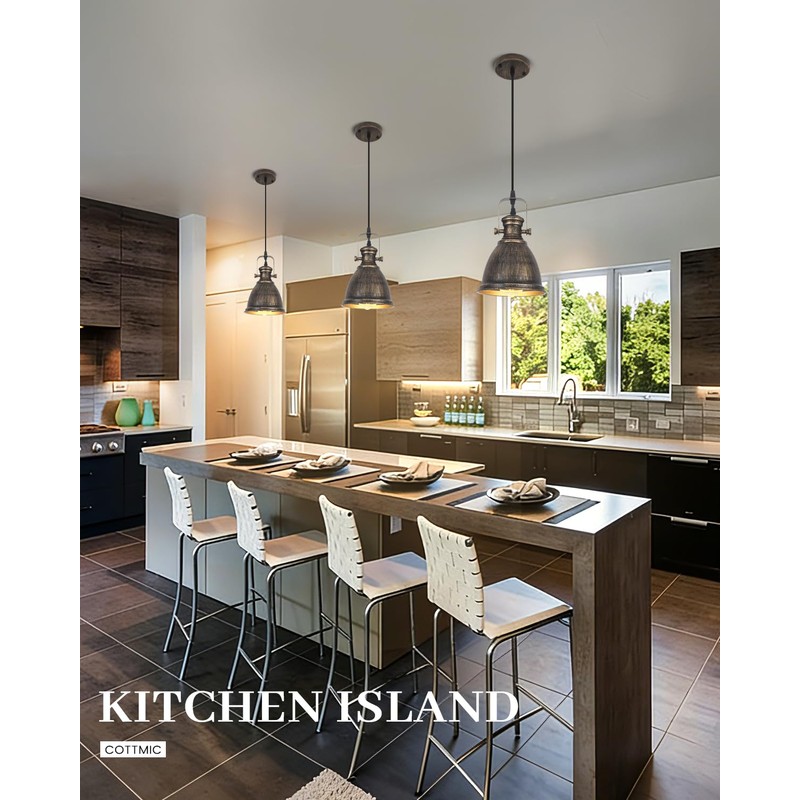 COTTMIC Bronze Pendant Lights Kitchen Island 3 Pack, Vintage Pendant