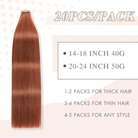 Tape in Hair Extensions Human Hair Auburn Brown Remy Hair Extensions 20pcs 14 Inch Straight Invisible Human Hair Tape in Extensions Skin Weft Tape Extensions Human Hair (#A33,14 Inch)
