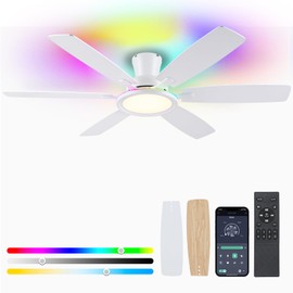 BYKISTOK 55In Flush Mount Ceiling Fan with RGB Light - White Modern Ceiling Fan with 6 Dual-Sided Blades, Reversible DC Motor, Low Profile Fan Light Fixture for Indoor Bedroom, Outdoor Patios