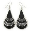Black Enamel With Glitter Element Teardrop Earrings In Silver Tone