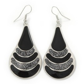 Black Enamel With Glitter Element Teardrop Earrings In Silver Tone - 65mm L