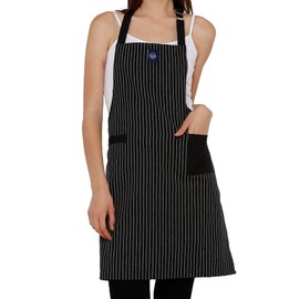 Encasa Homes Adjustable Kitchen Apron with Pockets and Towel Rail, 68 x 85 cm, Recycled Cotton, for Home, Restaurant, Men & Women, Cooking, Baking, Butcher Stripes, Black