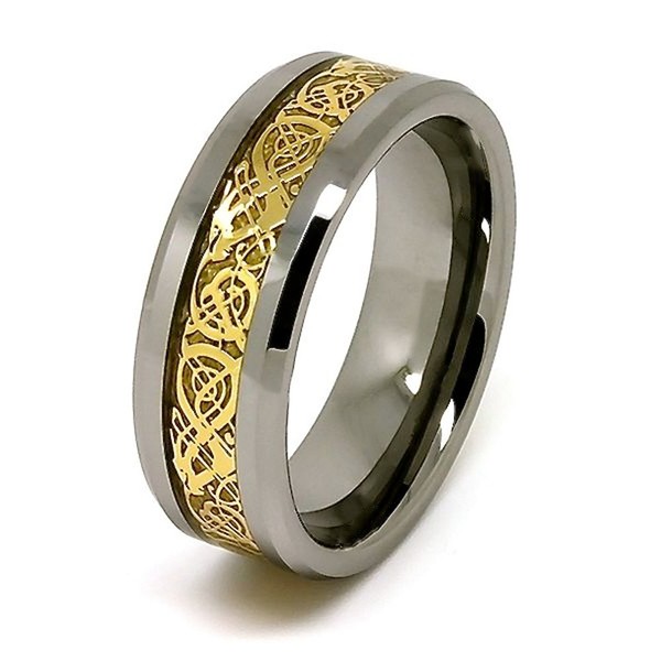 Blue Chip Unlimited 8mm Polished Tungsten Wedding Band with Golden Colored Celtic Dragon Inlay Size 15.5