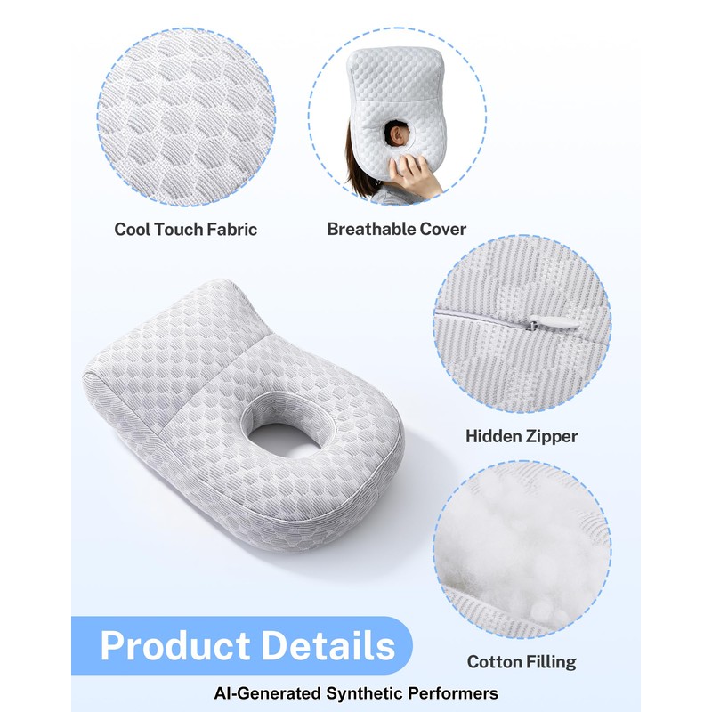 KUAZIDAR Ear Pillow with Hole, Side Sleeper Donut Pillow for