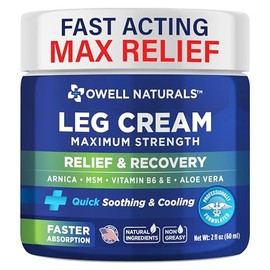 OWELL NATURALS Crema Para Piernas Relief, Fórmula Calmante De Penetración Profunda, De Acción Rápida Y Máxima Potencia Con Árnica, Aloe Vera Y Vitamina E, Para Músculos, Pantorrillas, Pies Y Tobillos,