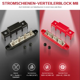 Pindex M8 Busbar Distribution Block 250 AMP DC 12 V-48 V with 4 x M8 Terminal Bolts, M8 Power Distribution Block Bus Bar 12 V for Motorhomes, Ships, Yachts, Car RVs, Trucks