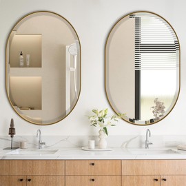 POZINO Oval Mirror Over Sink, Brushed Gold Beveled Mirror, 24"x36" Bathroom Vanity Mirrors with Stainless Steel Frame, Brass Oblong Wall Mirrors for Bedroom Living Room, Hangs Horizontal Or Vertical