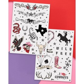 xo, Fetti Realistic Western Temporary Tattoos - 38 pcs | Rodeo Bachelorette, Birthday Favors, Cowgirl Party Accessory, Wild West Fake Tats