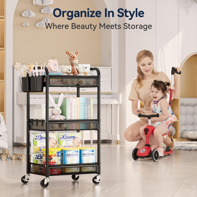 YASONIC 3 Tier Rolling Cart – Metal Utility Storage Cart