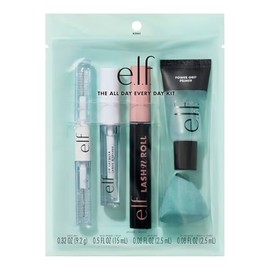 e.l.f. Kit de maquillaje todo el día, base facial hidratante, máscara rizadora, brillo labial de alto brillo y gel transparente para cejas + rímel, ve