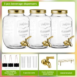 Lallisa 3 Pcs 2.5 Gallon Beverage Dispensers for Parties Glass Drink Dispenser Glass Water Dispenser with Stand Stainless Steel Leakproof Spigot Ice Cylinder Hanging Chalkboard Signs Pen (Gold)