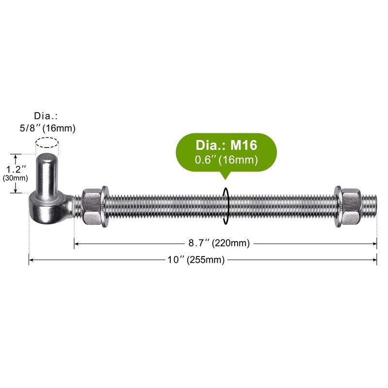 Insaga M16x 10'' J-Bolt Gate Hinge, 304 Stainless Steel J-Bolt