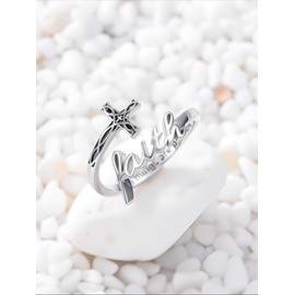 Shusukue Faith Cross Ring 925 Sterling Silver Faith Ring for Women with Engraving Christian Jewelry for Her, White Gold, Adjustable 6-8 Size
