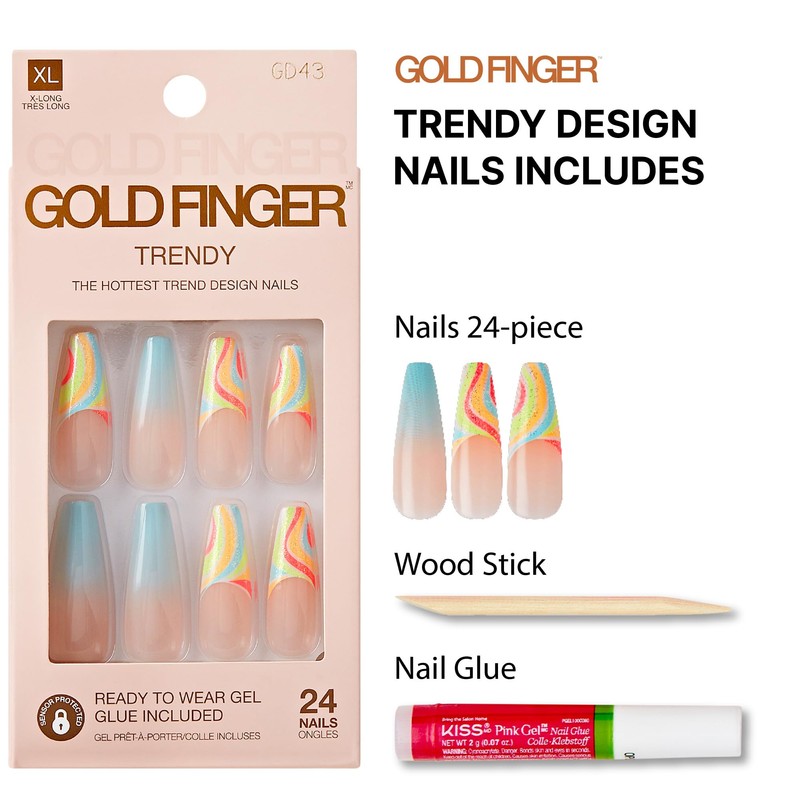 GoldFinger Trendy False Nails Kit, X-Long Coffin Design Nail, Fantasy