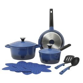 Oster Platinum Amberton 10 Piece Cast Aluminum Pots and Pans PFA Free Ceramic Non Stick Cookware Set - Blue