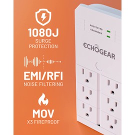 ECHOGEAR On-Wall Surge Protector with 6 Pivoting AC Outlets & 1080 Joules of Surge Protection - Low Profile Design Installs Over Existing Outlets to Protect Your Gear (White)