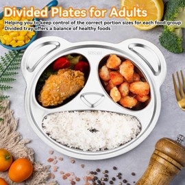 Stainless Steel Divided Plate, 3 Sections Dinner Plate Panda‑Shaped Kids Plates Portion Control Plate Unbreakable Divided Plates Camping Dishes Food Serving Platter for Toddlers Kids Adult Lunch