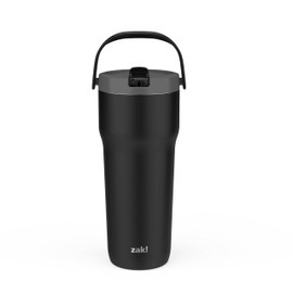 Zak Designs Sutton Travel Tumbler for On the Go, 30oz Stainless Steel with Vacuum Insulation, Straw Spout, Carry Handle for Cold Drinks (Ebony Black)