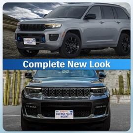 Heavy Duty Front License Plate Frame Compatible with Jeep Compass MP/552, Grand Cherokee WK2, Grand Cherokee 4xe WL, Grand Wagoneer WS, Wagoneer WS, No Drill Grille Mount