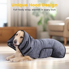 PETTOM Dog Drying Coat Medium, 400gsm Microfiber Super Absorbent Dog Drying Robe Adjustable, Fast Drying Dog Towel Robe After Bath Beach Pool (Grey, M)