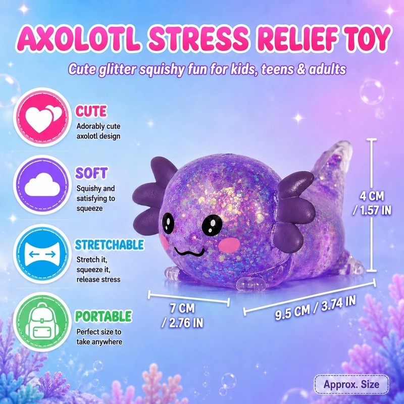 Asgzed Axolotl Squishy Stress Relief Toy Cute Glitter Squishy Axolotl