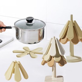 Gralara 3X Foldable Heat Insulation Pad Insulated Hot Pad with Stand Tree Shape Tableware Placemat Coaster Hot Pot Holder for Cups, Round base