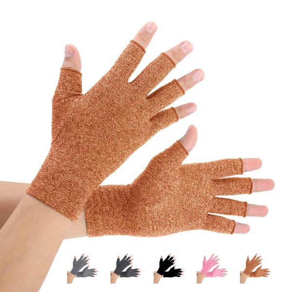 2 Pairs Arthritis Compression Gloves for Arthritis Pain Relief, Osteoarthritis and Carpal Tunnel for Men and Women, Fingerless for Typing (Brown, S)