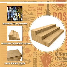 Liquor Bottle Stand - 3 Tier Liquor Bar Bottle Display Shelf, Holds 18 Bottles, Real Wood, Easy to Clean, No Installation Required - 24 Inch (Burnt Natural)