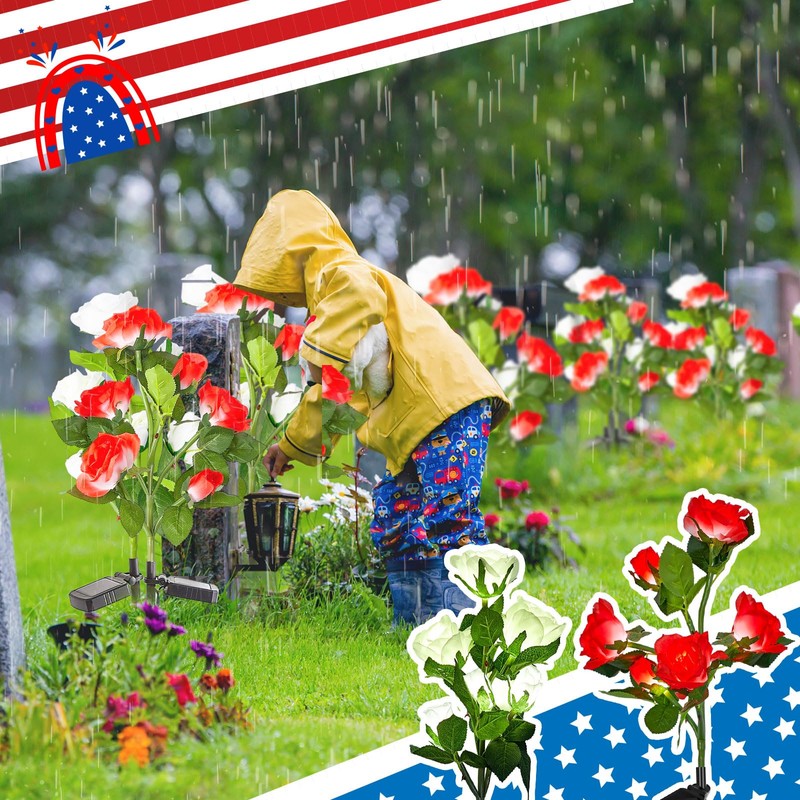 Woanger 4 Pcs Solar Flowers Cemetery Grave Decorations Outdoor LED
