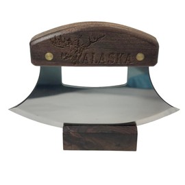 The Ulu Factory Alaska American Walnut Ulu Knife 6" Stainless Steel Blade with Block Wood Stand Moose Head