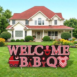 Welcome Baby Yard Sign Decorations Baby Q Baby Shower Yard Sign with Stakes BBQ Style Gender Reveal Lawn Sign for Picnic Barbecue Themed Newborn Announcement Garden Outdoor Decor (Red)