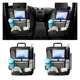 2PCS Backseat Car Organizer, Multifunctional Storage Bag with Touch Screen Tablet Holder, Kick Mats Back Seat Protector, Car Travel Accessories Road Trip Essentials for Kids Auto SUV Truck (Black)