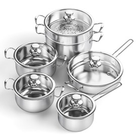 Meythway Pots and Pans Set Non Toxic, 11-Piece Stainless Steel Cookware Set with Steamer & Visual Lid, Kitchen Induction Cookware with Frying Pans, Saucepan and Stockpots For Oven & Dishwasher Safe