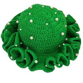 Hshsclth Women Starry Pearl Crochet Hat Handmade Beaded Trim Knitted Bucket Hats Solid Color Fashion Ruffled Brim Bucket Hat (US, Alpha, One Size, Green)