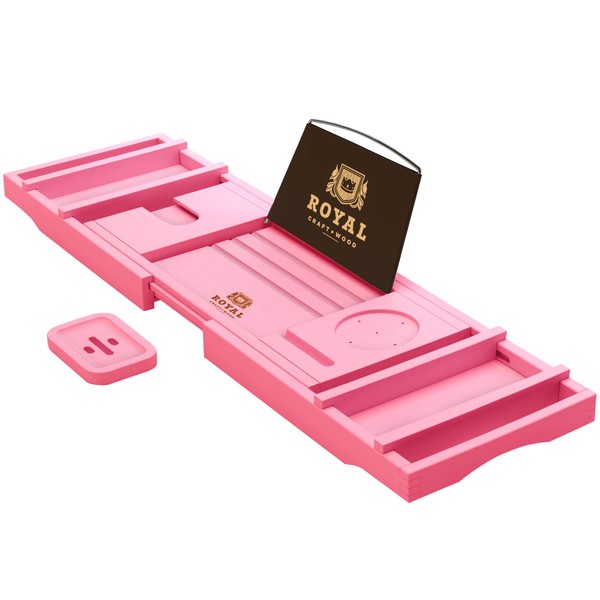 ROYAL CRAFT WOOD Luxury Bathtub Caddy Tray, One or Two Person Bath and Bed Tray, Bonus Free Soap Holder (Pink)