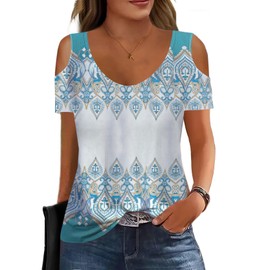 Soesdemo Women Summer Blue Boho Printed Tops Scoop Neck Cold Shoulder Short Sleeve 2024 Loose Fit Basic Tee Shirts