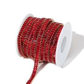 YoungJewl 1 Yards Zircon Crystal Rhinestones Close Chain Rectangle Beaded Trim for Sewing Craft DIY Decoration（5X2.5MM Red）
