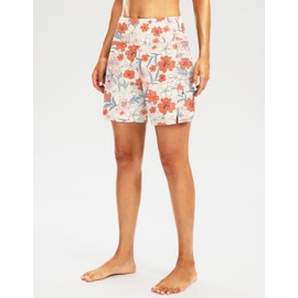 G Gradual Women's 7" Long Swim Board Shorts High Waisted Quick Dry Beach Swimming Shorts for Women with Liner Pockets(Orange Flower,XL)