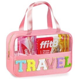 WOPIPAL - Chenille Letter Clear Makeup Bag, Waterproof Nylon & PVC Cosmetic Pouch with Handle & Zipper, Cute Preppy Storage Organizer for Women (Travel Pink)