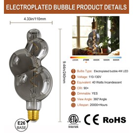 MYEARAYS 40 Watt Decorative Vintage LED Light Bulbs, Special Electroplated Bubble 4W LED Filament Edison Bulb,2700K Oversized Warm Lights,Dimmable E26 Lamp Base,1-Pack