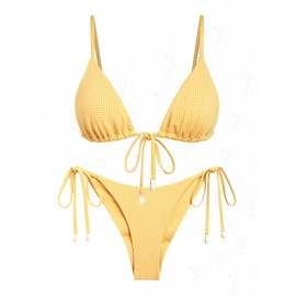 seamoly Gingham Shell Decor Triangle Tops & Tie Side Brazilian Bottom Bikini Set, Yellow, S